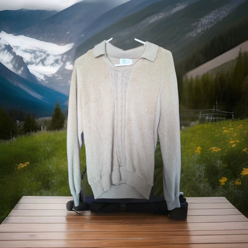 VTG USA Sweater Terry Cloth V Neck Mens Sweater Tan Brown Size‎ L Virgin Zefran